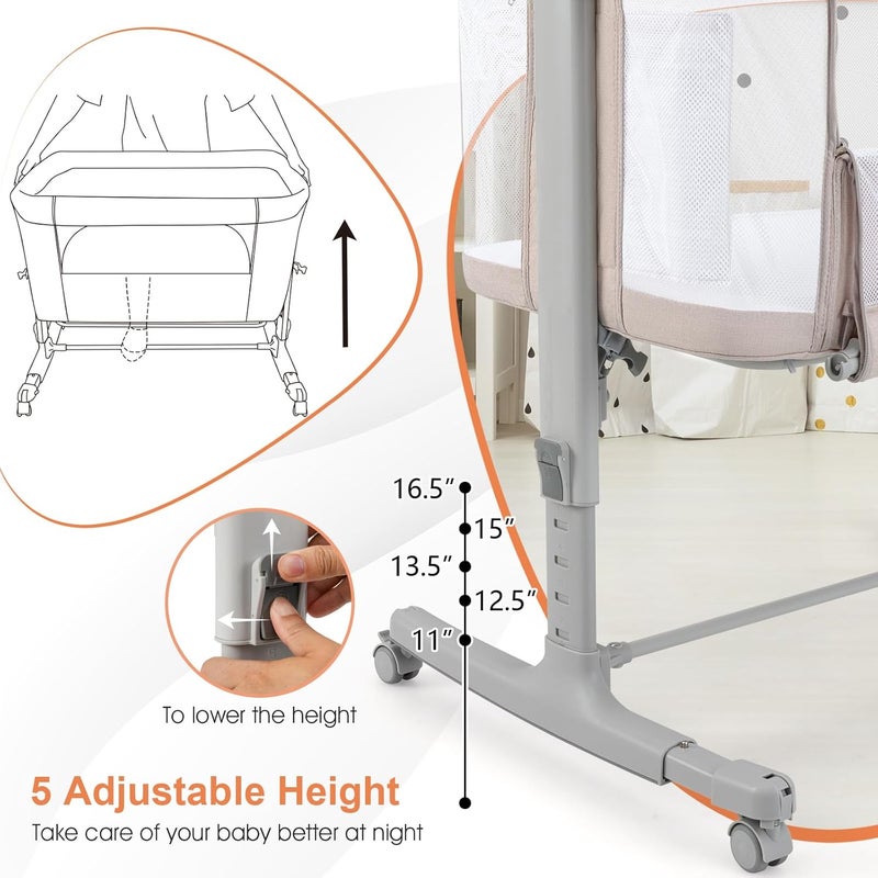 INFANS 3 in 1 Baby Bassinet, Bedside Sleeper for Newborn, Folding Crib with Mattress, Travel Bag, Wheels, 4-Sided Mesh, Easy to Assemble Cradle Co Sleeper Stationary, Rock (Beige) - Image 5